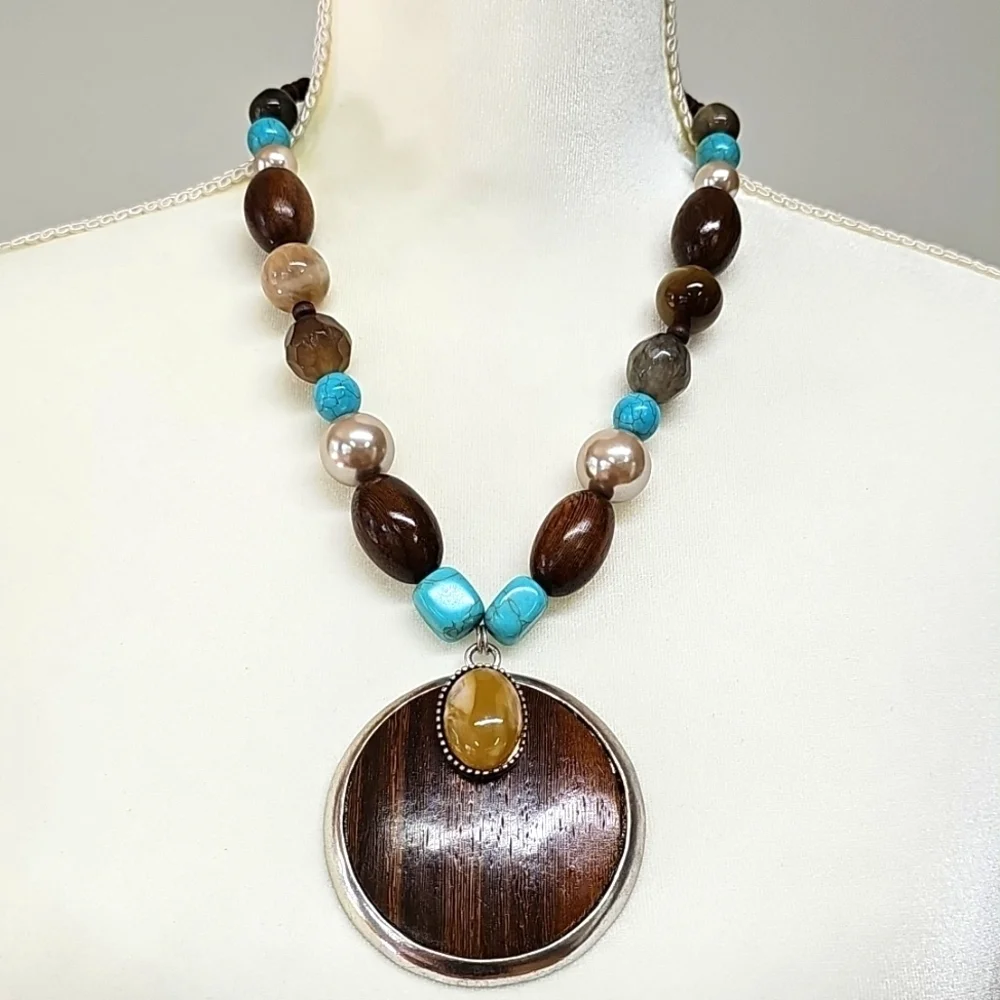 CHICO'S Beaded Turquoise Brown Necklace Silver Accents & Wood Pendant